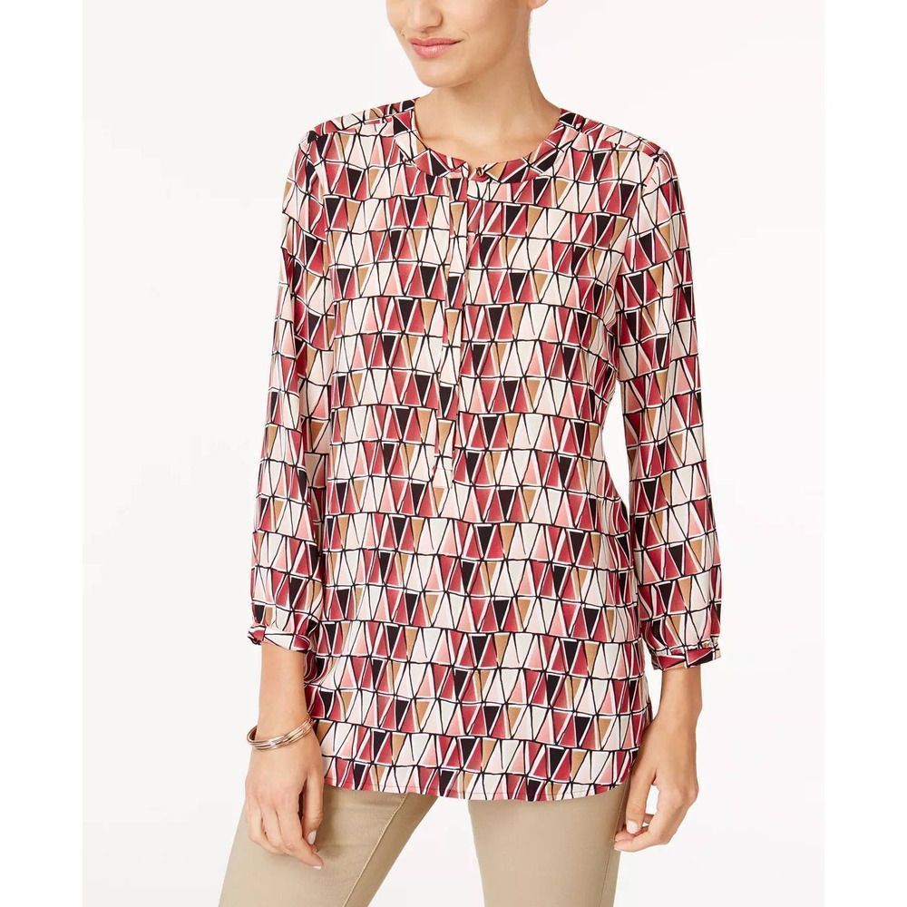 JM Collection Petite Multicolor Printed‎ Pleated Back Top Petite Large